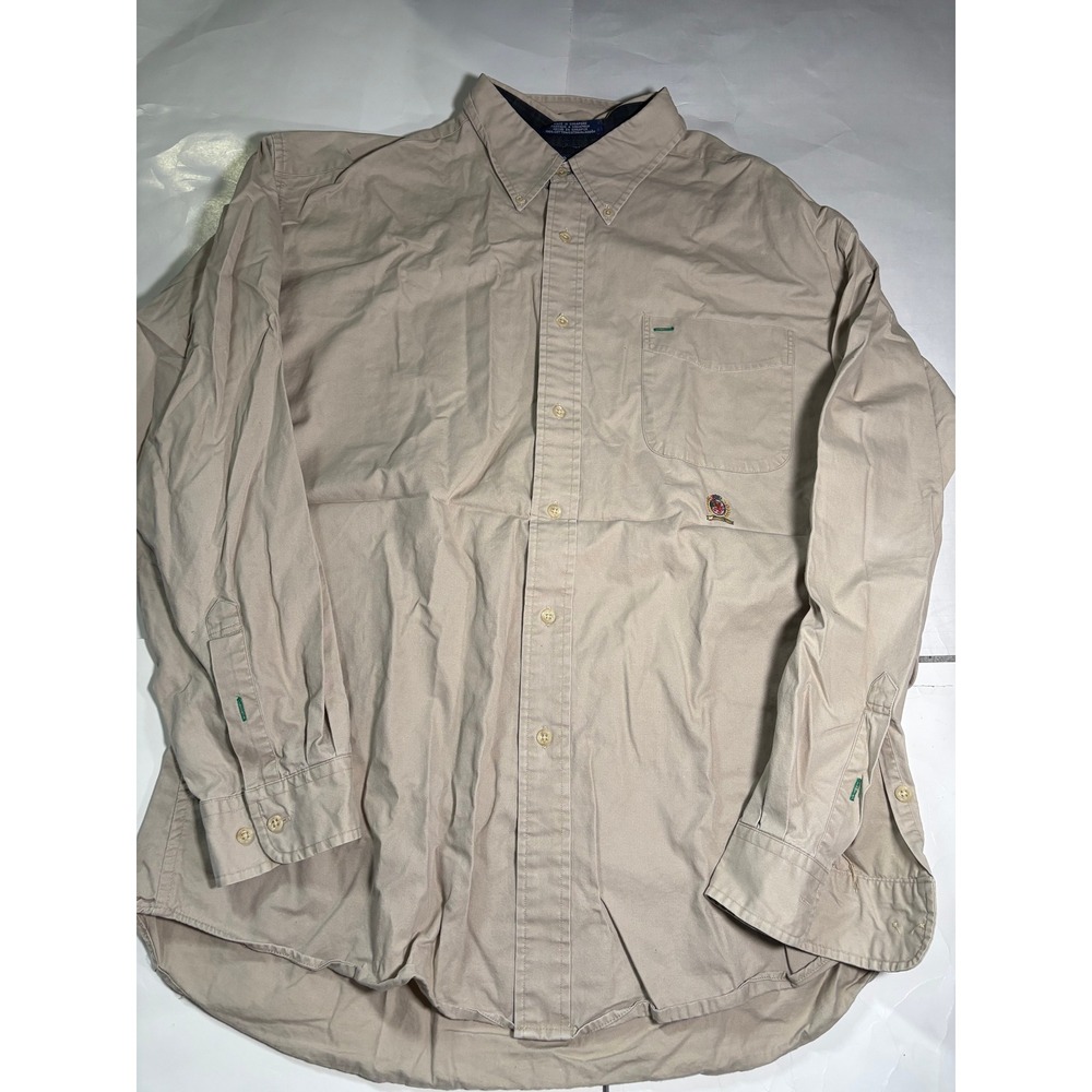 Tommy Hilfiger Shirt Men XL KHAKI Crest LOGO Pockets Y2K Button Down 90s Vintage